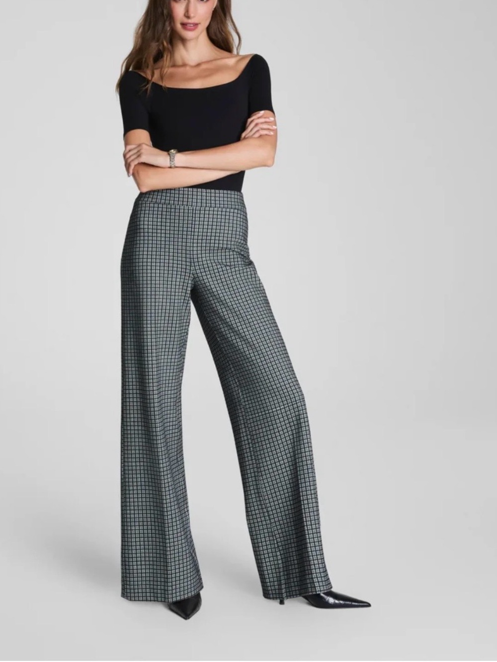 SPANX Black Checked Wide-Leg Trousers